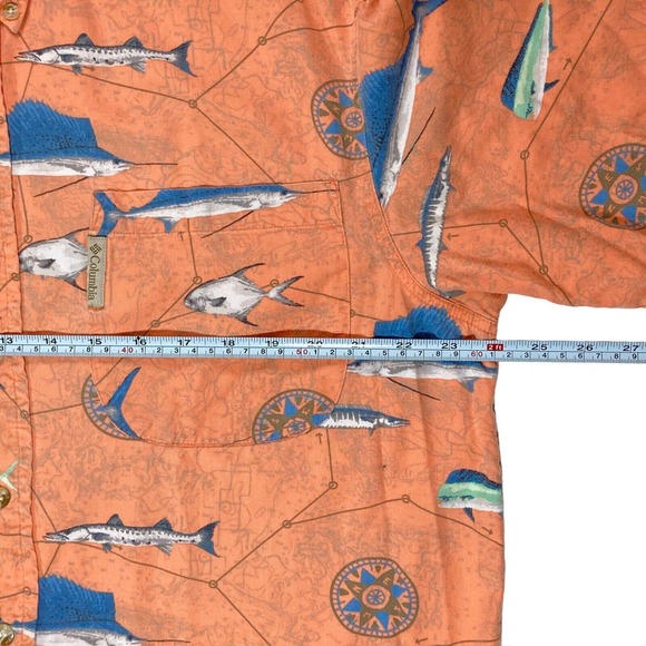 COLUMBIA Large Shirt Fish Print Button-Up Short Sleeve orange Sailfish Barracuda - Picture 4 of 9